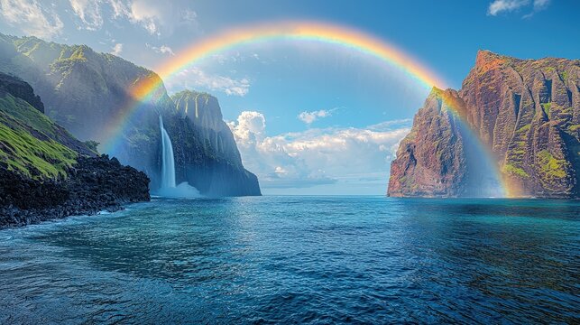 Majestic hawaii: rainbow over na pali coast with waterfall and cliffs