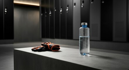 Gym locker room with water bottle and gloves on bench