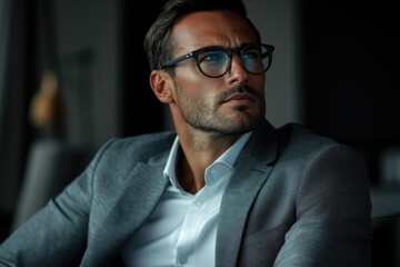 Obraz premium cool businessman looking away closing his jacket sitting on a chair and wearing eyeglasses