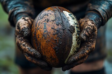 Close-up of Muddy Hands Holding a Rugby Ball in a Game