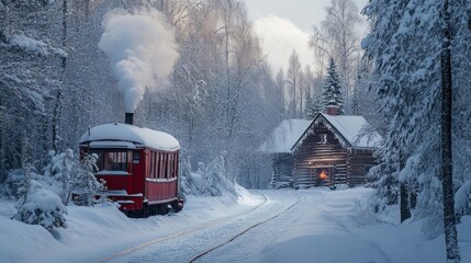 Red vintage train at snowy cabin in winter forest.