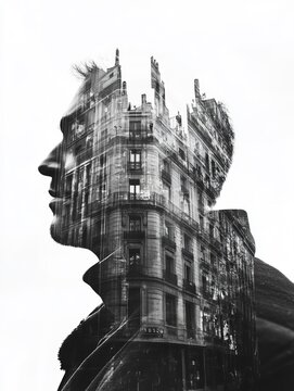 Man merging with urban building in double exposure portrait