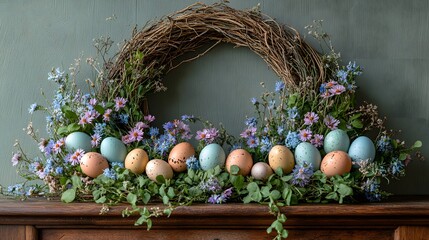 Obraz premium Wildflowers and dyed eggs in a natural woven wreath. Easter concept