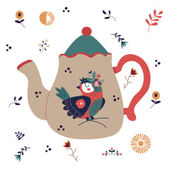 Folk style teapot, kettle decorated with decorative flowers and bird and leaves Vector illustration	