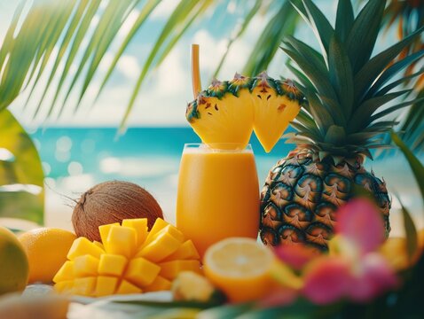 Tropical fruit smoothie on beach with pineapple, mango, coconut, and lemon.