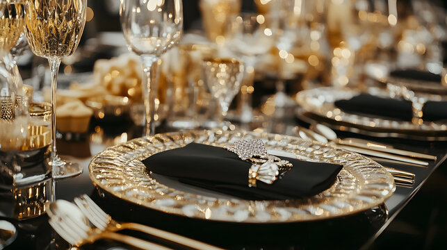 Elegant gold and black place setting with a jeweled napkin ring.  Luxury table setting for a special event, wedding, or party.  Close-up view of sophisticated details.