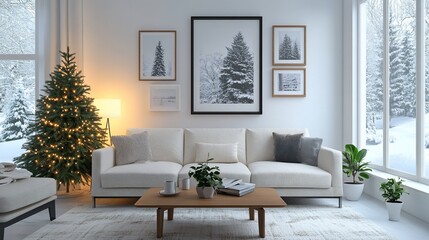 Cozy winter living room with Christmas tree, sofa, and large windows.