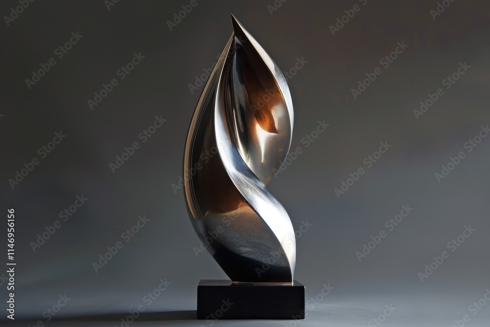 Aufkleber unique abstract metal sculpture with elegant curves illuminated softly on a neutral background highl