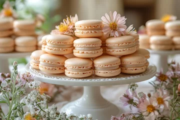 A delightful display of peach-colored macarons adorned with delicate pink flowers, perfect for a wedding or special event.
