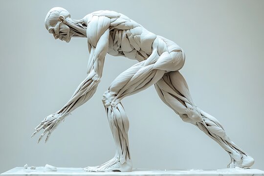 Anatomical sculpture of a male figure showcasing muscles and structure in dynamic pose.