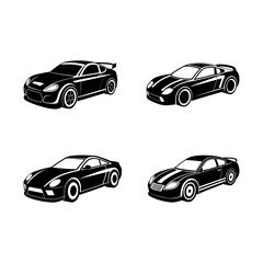 set of racing car silhouette, black and white silhouette, vector and illustration