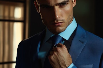 Portrait of serious fashionable handsome man in blue suit and tie buttoning cufflinks