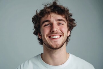 Fototapeta premium Young handome man smiling over gray background