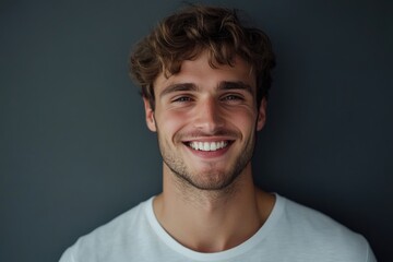 Fototapeta premium Young handome man smiling over gray background