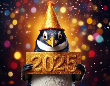 Fr&ouml;hlicher Party-Pinguin mit 2025-Tafel &ndash; Neujahrsmotiv voller Spa&szlig;