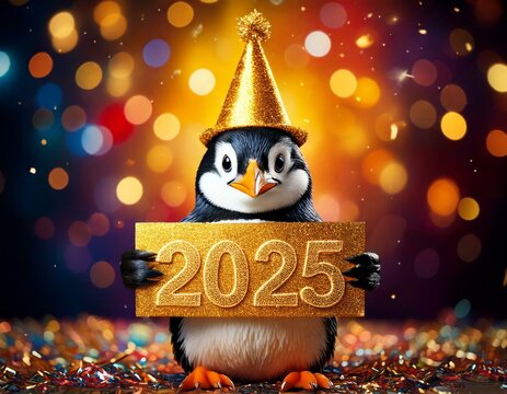 Fr&ouml;hlicher Party-Pinguin mit 2025-Tafel &ndash; Neujahrsmotiv voller Spa&szlig;