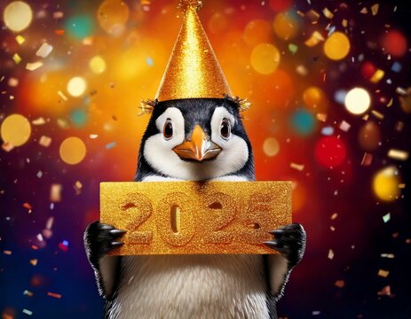 Fr&ouml;hlicher Party-Pinguin mit 2025-Tafel &ndash; Neujahrsmotiv voller Spa&szlig;