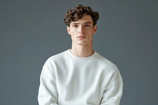 Young handome man in white sweatshirt over gray background
