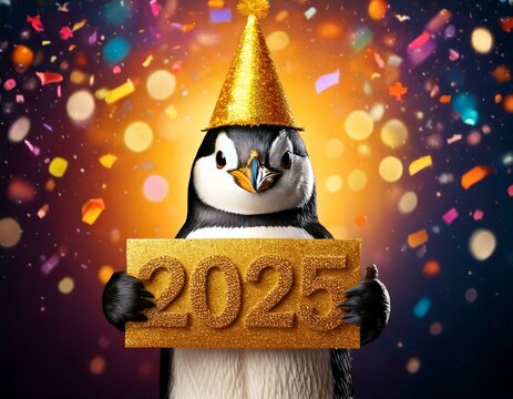 Fr&ouml;hlicher Party-Pinguin mit 2025-Tafel &ndash; Neujahrsmotiv voller Spa&szlig;