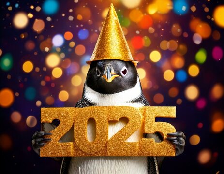 Fr&ouml;hlicher Party-Pinguin mit 2025-Tafel &ndash; Neujahrsmotiv voller Spa&szlig;