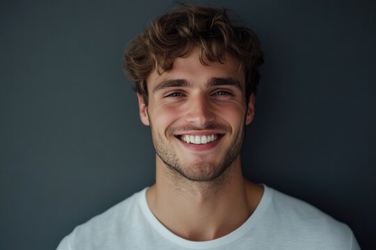 Young handome man smiling over gray background