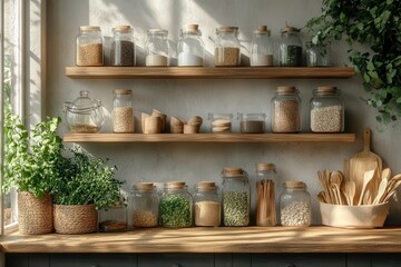 Cozy Kitchen Shelves with Organized Ingredients and Herbs