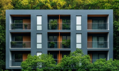 Fototapeta premium The exterior front elevation of an apartment building in a modern style, with high floor heights and multiple balconies, A modern architectural design and trees behind it