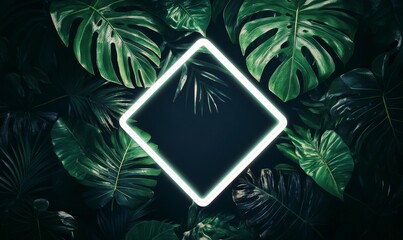 Trendy Background Design. Tropical Leaves with White, Hexagon shaped Neon Frame.