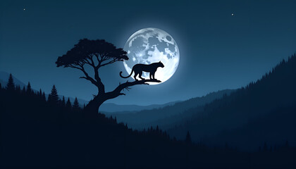 Silhouette of a panther on a tree branch under a full moon