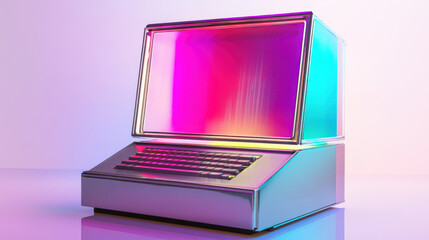A futuristic reinterpretation of a classic computer, metallic silver frame with a holographic screen, minimalistic button design, and vibrant neon lights reflecting off its surfaces, all on a clear wh