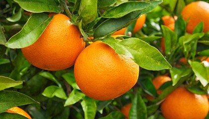 Fresh Oranges with Green Leaves on a Branch Ready for Picking and Consumption