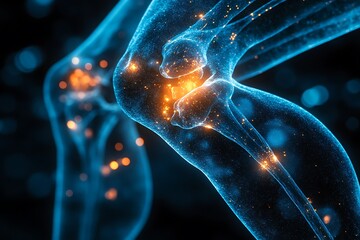 Detailed 3D Illustration of a Human Knee Joint with Glowing Bones, Medical Anatomy Visualization