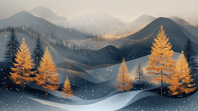 Golden larches in a snowy mountain landscape.