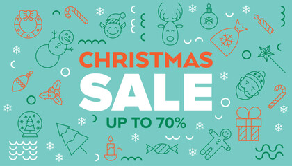 Naklejka premium Blue Christmas Sale Line Banner. Vector Illustration of Outline and Contour Style. Merry Xmas. Seasonal Greetings. Discount Up to 70 percent Promotion.