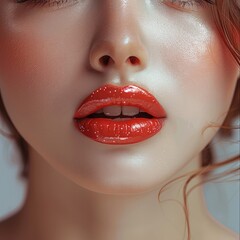 Obraz premium Close Up red lips Korean woman, glossy pink lipstick on perfect, full lips, perfect face, white skin, light pink lips.