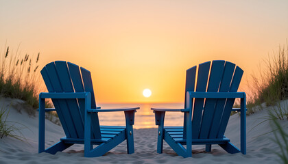 Two blue beach chairs facing sunset over the ocean