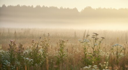Fototapeta premium Misty meadow with wildflowers at dawn, serene and scenic
