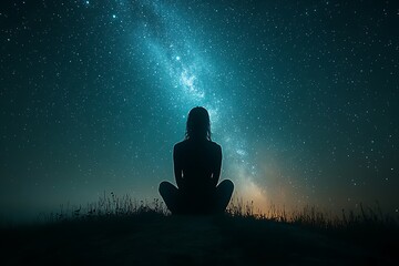 Silhouette of a woman meditating under the breathtaking expanse of the night sky, stars glimmering above.