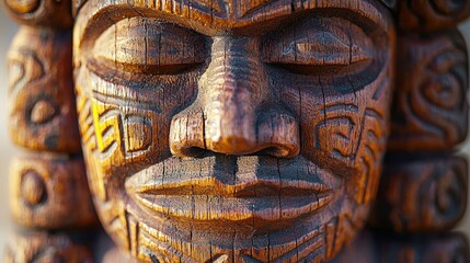Intricate hawaiian tiki carving close-up with sunlight highlights