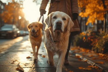 Golden Retrievers Walking in Autumn Sunlight
