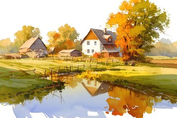Colorful village landscape with charming houses and peaceful water reflections during a sunny day in autumn