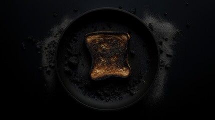 Burnt sit on a frying pan close-up, on a black background