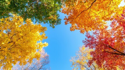 Vibrant autumn foliage canopy against a clear blue sky.