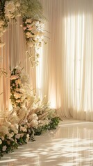 Beautiful indoor wedding ceremony setup featuring white floral arrangements and soft natural light filtering through sheer curtains.