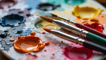 Fototapeta premium Artistic paint palette with brushes and vibrant colors