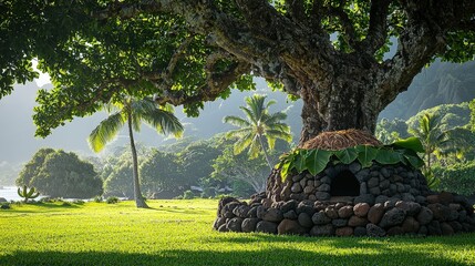 Tropical serenity: ancient hawaiian lava stone shrine under lush trees