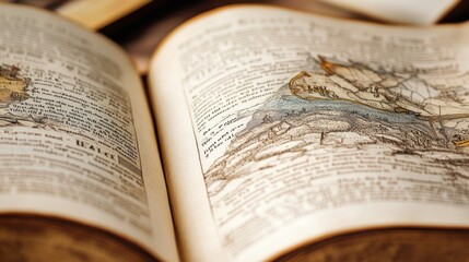 Fototapeta premium Close-up of antique book pages displaying a hand-drawn map.