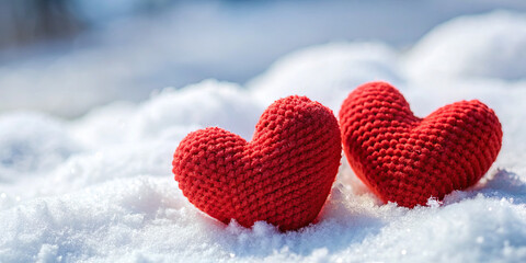 Fototapeta premium Red knitted hearts lie on a blanket of snow, showcasing a contrast in colors. The serene winter backdrop adds a cozy and romantic feel to the setting