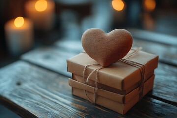 Romantic Valentine's Day gift: a heart-shaped decoration on a rustic wooden table with candles in the background.
