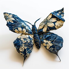 a butterfly with a wings in a traditional japanese aizome indigo pattern photographed in a studio on a white background